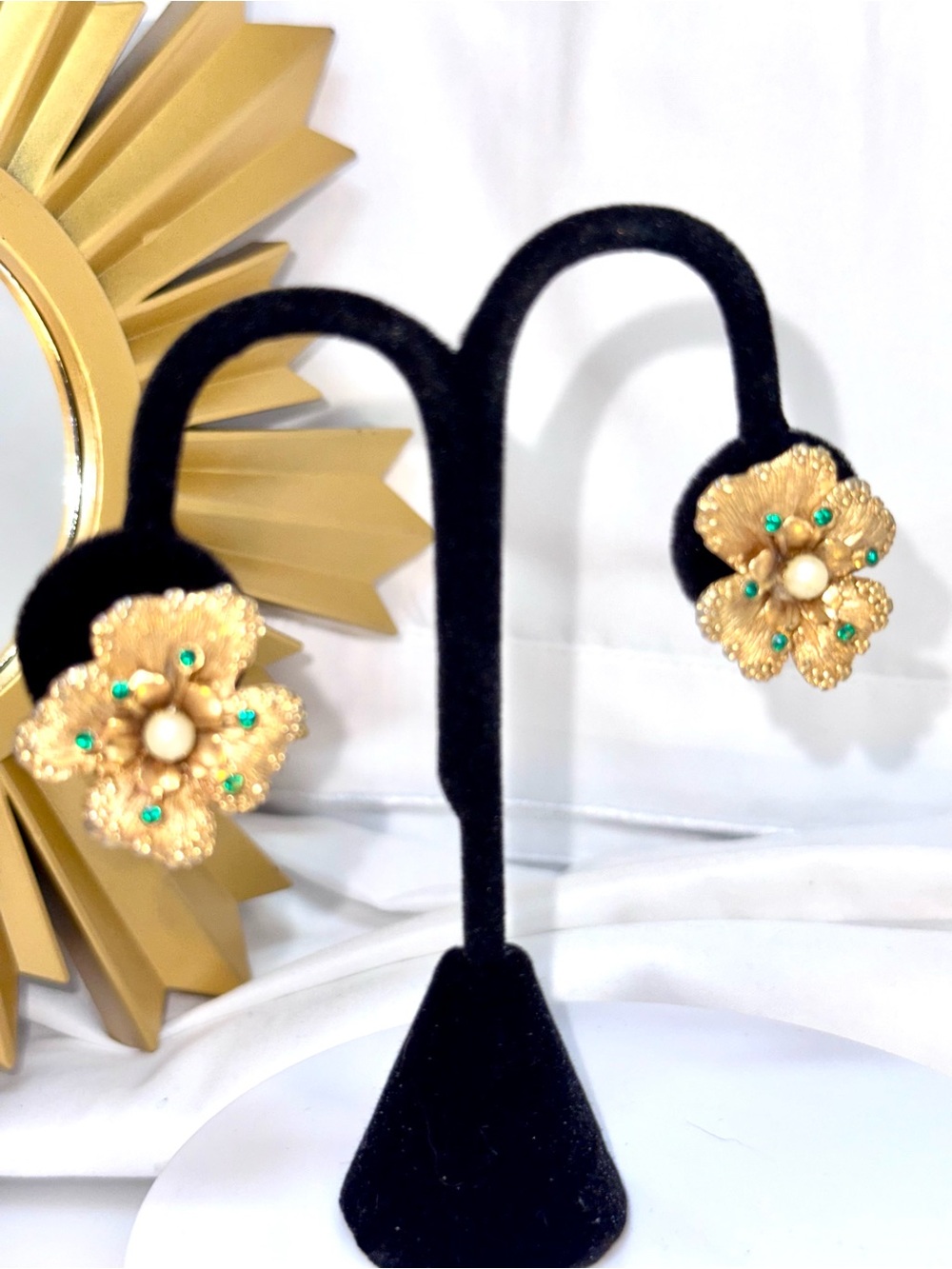 Vintage Sarah Coventry Floral Statement Earrings with White Pearl and Emerald